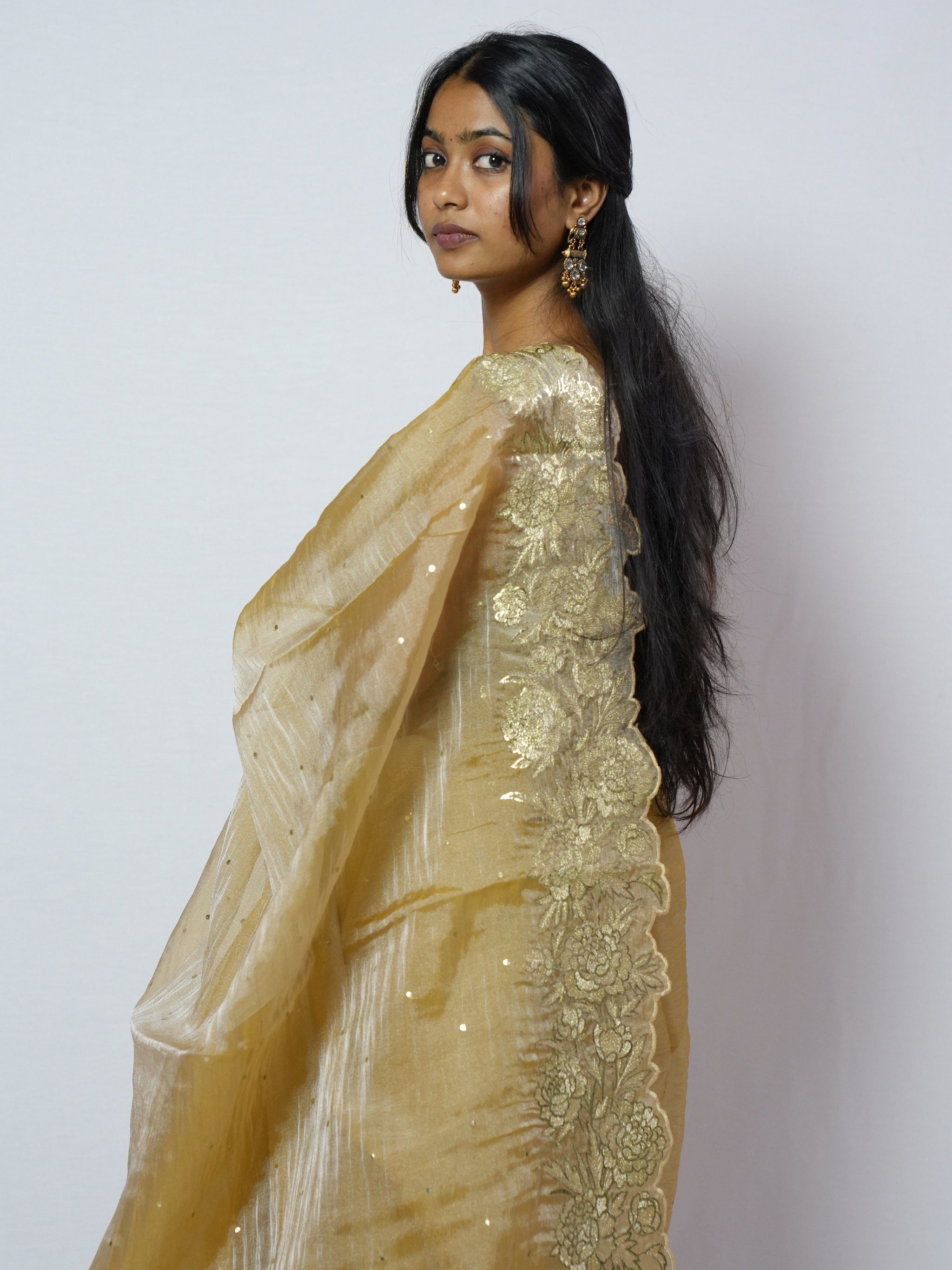 Antique Gold Cutwork Organza Saree