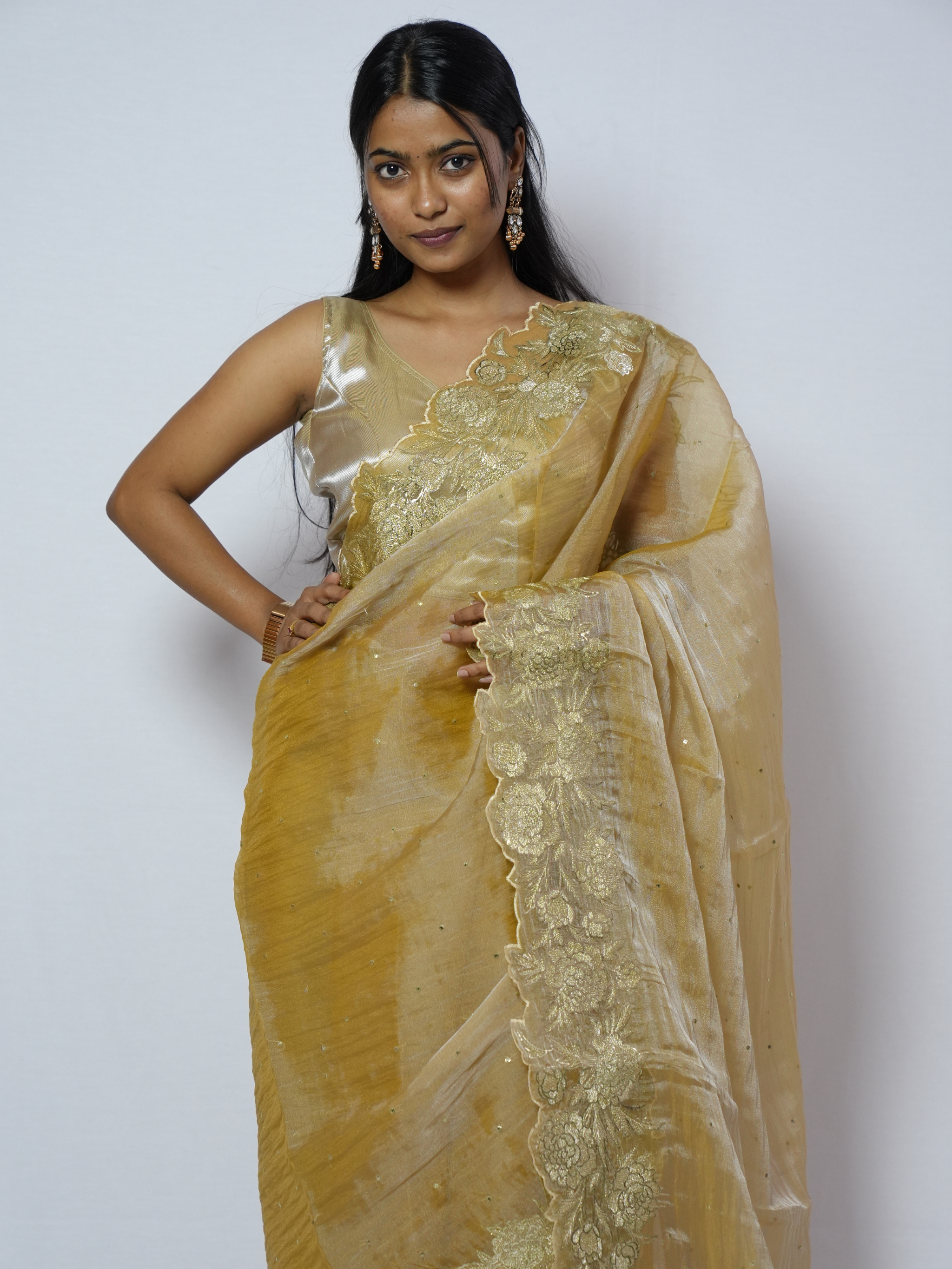 Antique Gold Cutwork Organza Saree