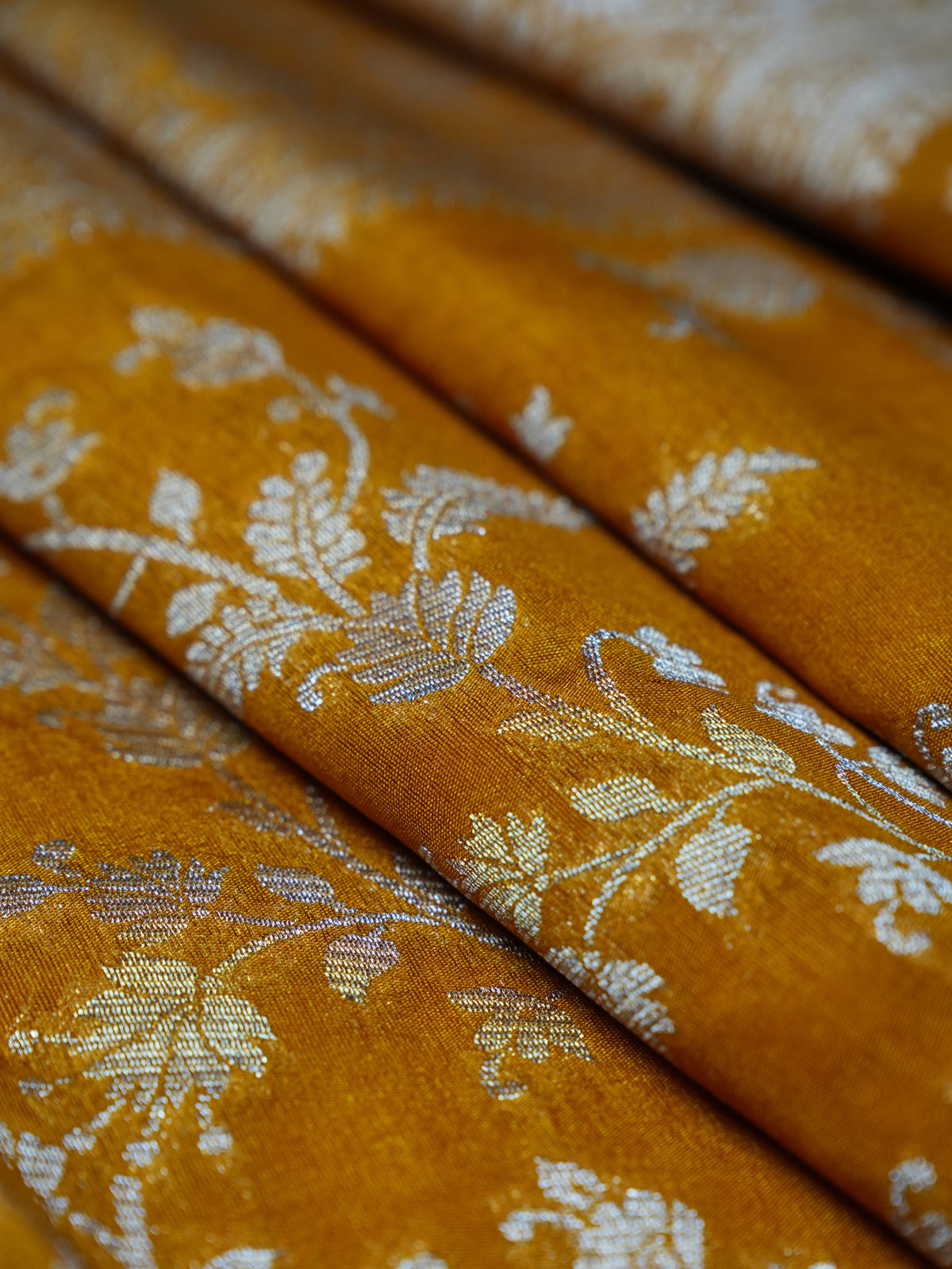Mustard Gold Silver Zari Dupion Silk Saree
