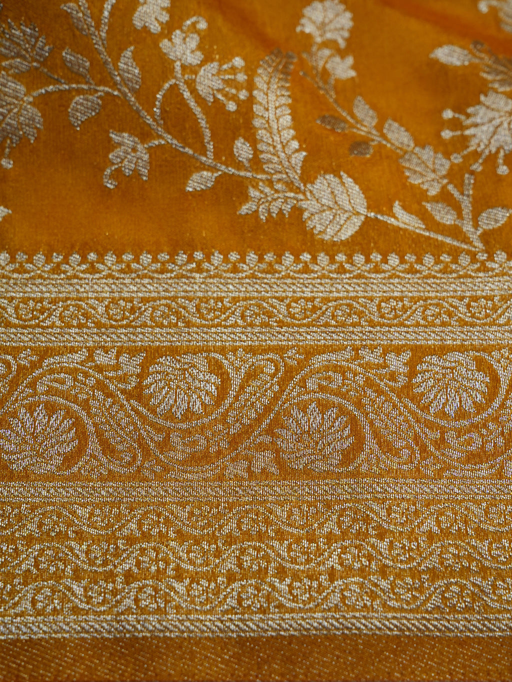 Mustard Gold Silver Zari Dupion Silk Saree