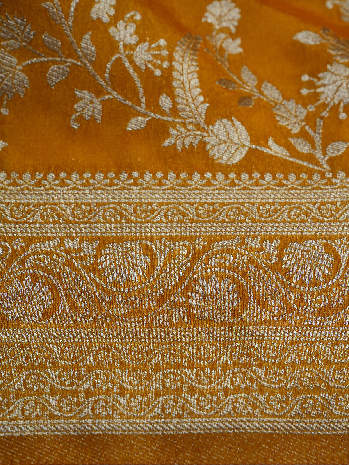 Mustard Gold Silver Zari Dupion Silk Saree