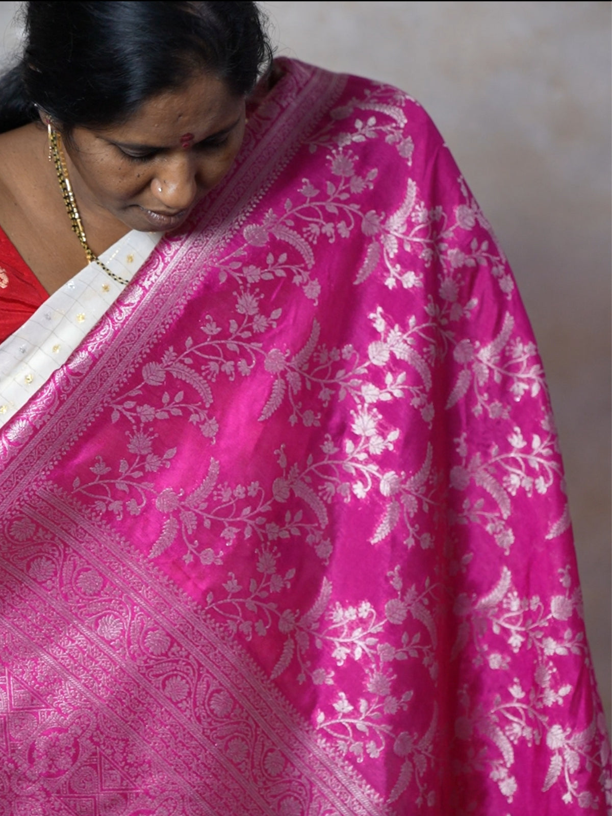 Rani Pink Silver Zari Dupion Silk Saree