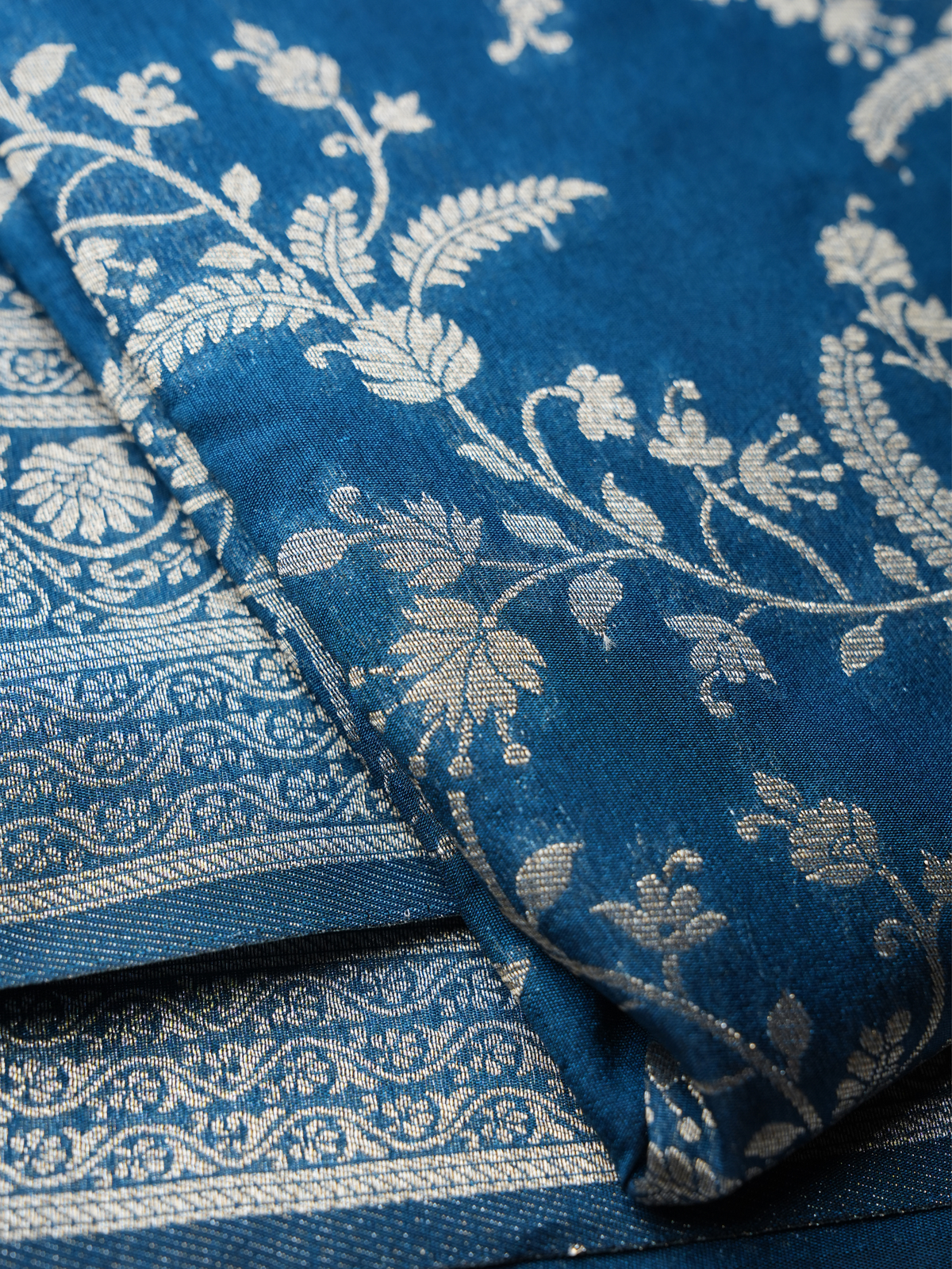 Peacock Blue Silver Zari Dupion Silk Saree
