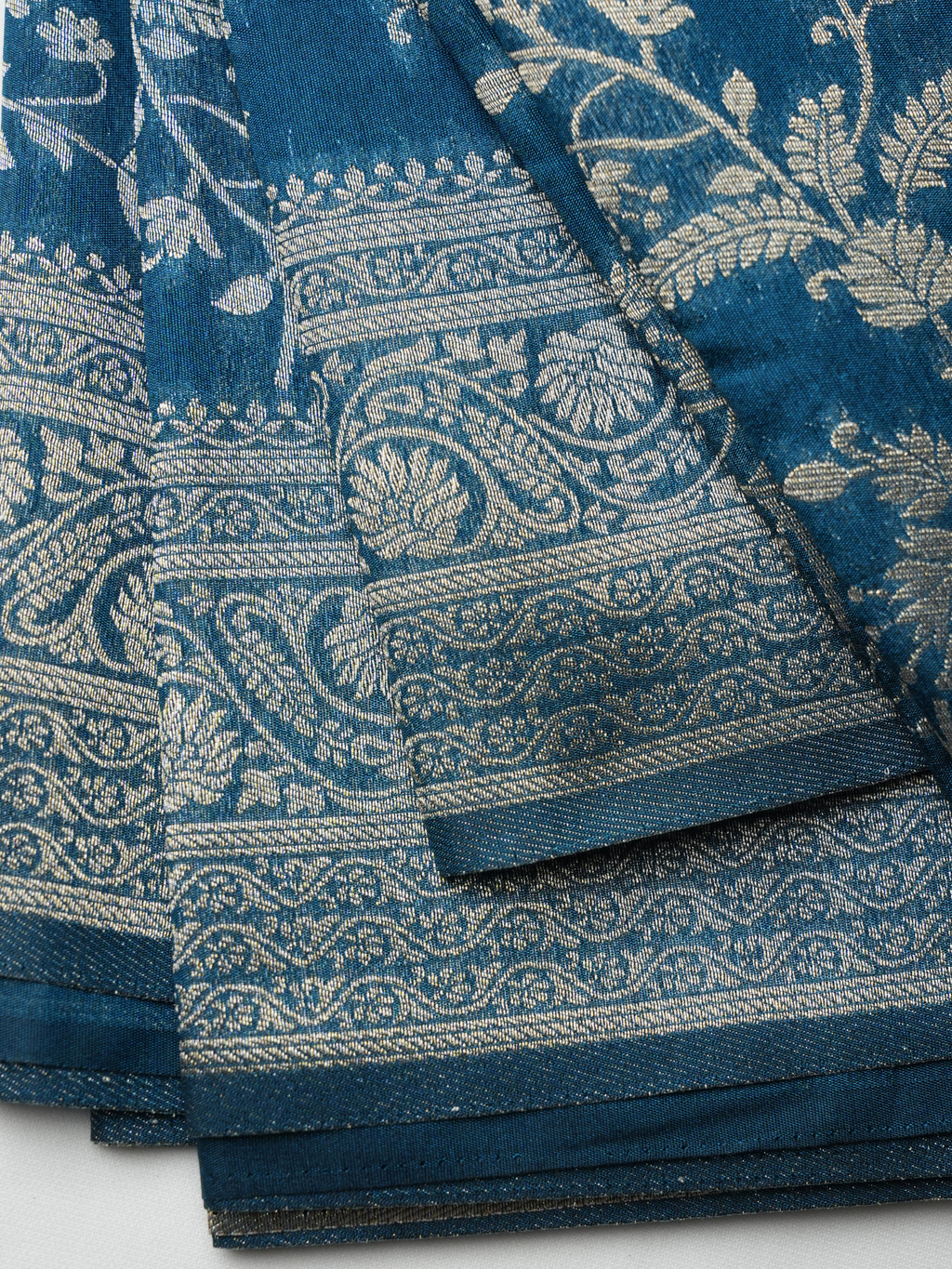 Peacock Blue Silver Zari Dupion Silk Saree