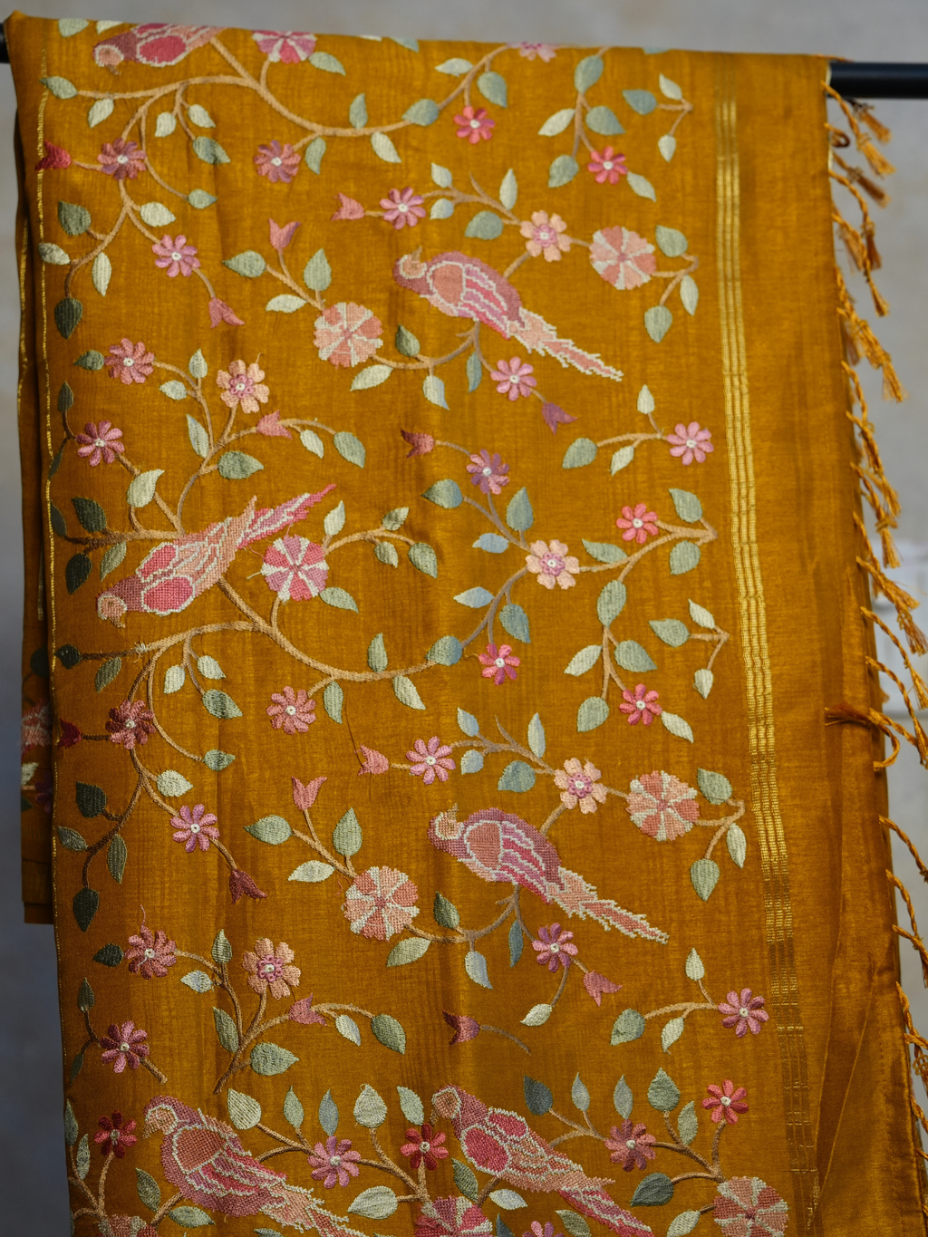 Golden Mustard Bird Tussar Silk Saree