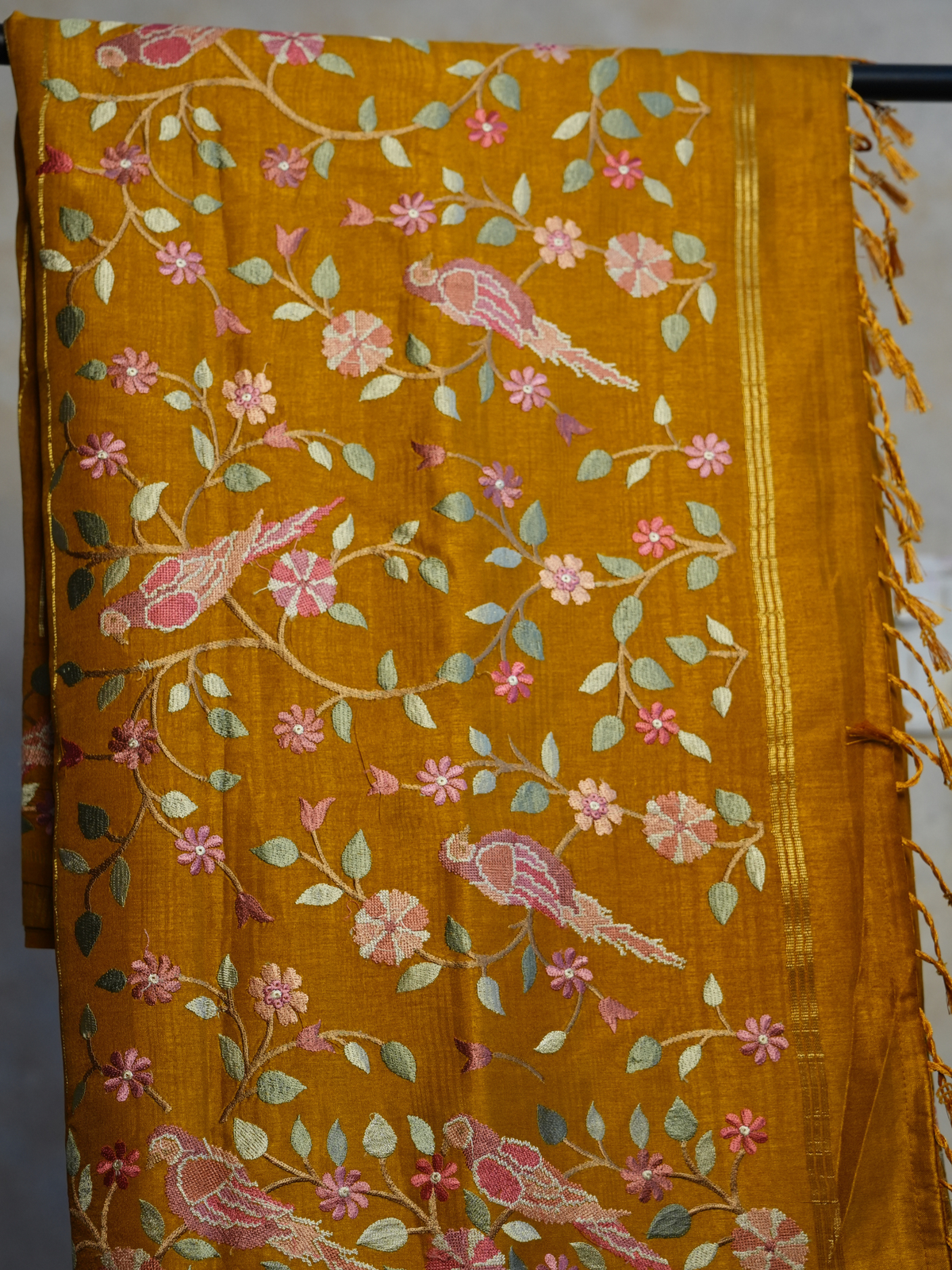 Golden Mustard Bird Tussar Silk Saree