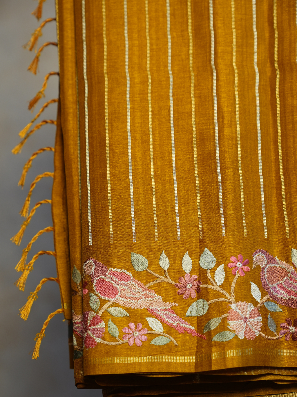 Golden Mustard Bird Tussar Silk Saree