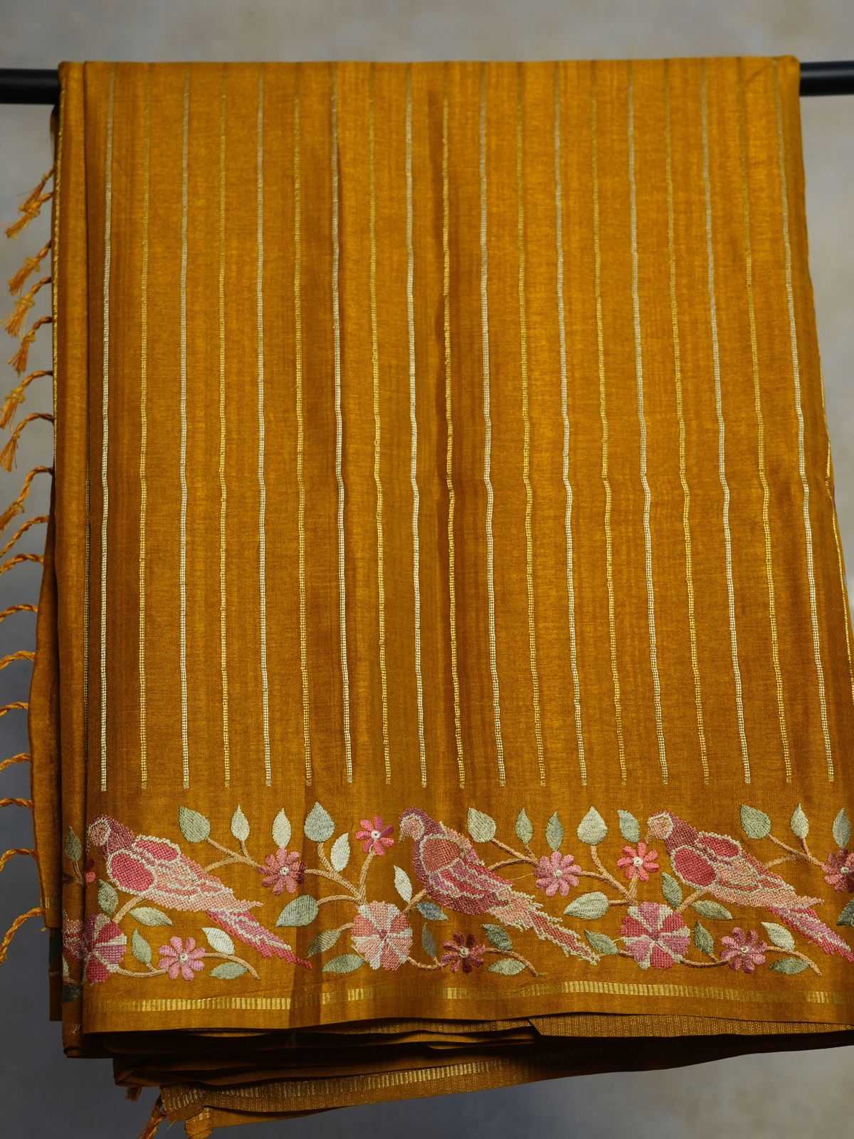 Golden Mustard Bird Tussar Silk Saree