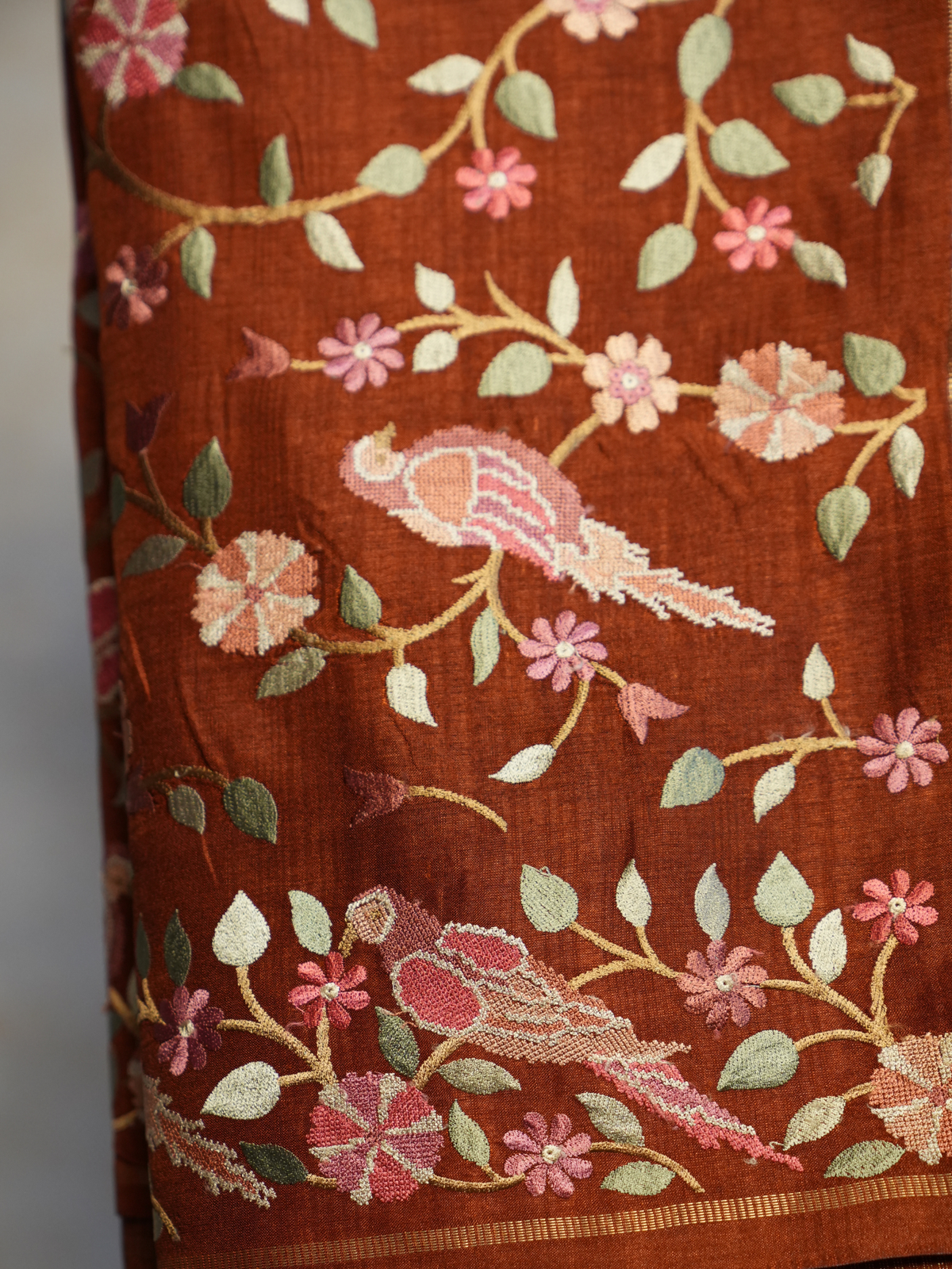 Cinnamon Bird & Floral Resham Tussar Silk Saree
