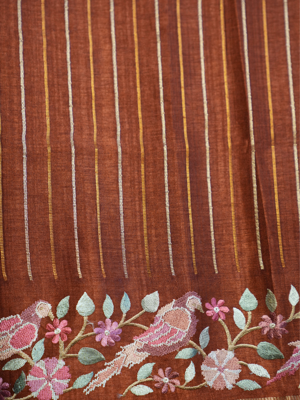 Cinnamon Bird & Floral Resham Tussar Silk Saree