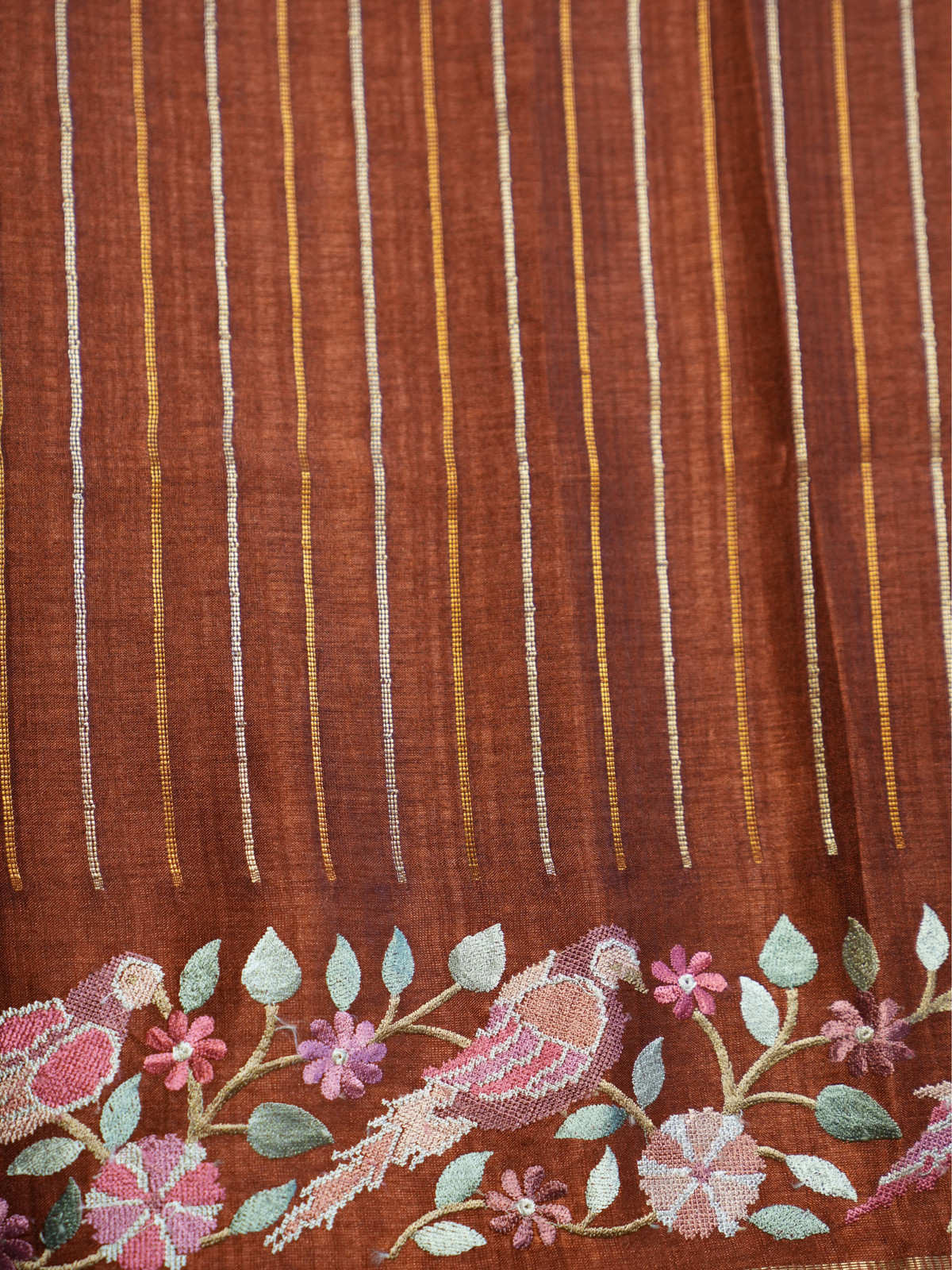 Cinnamon Bird & Floral Resham Tussar Silk Saree