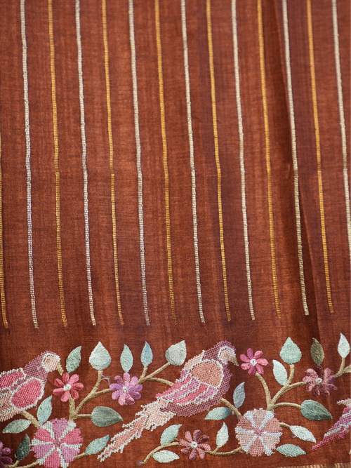 Cinnamon Bird & Floral Resham Tussar Silk Saree