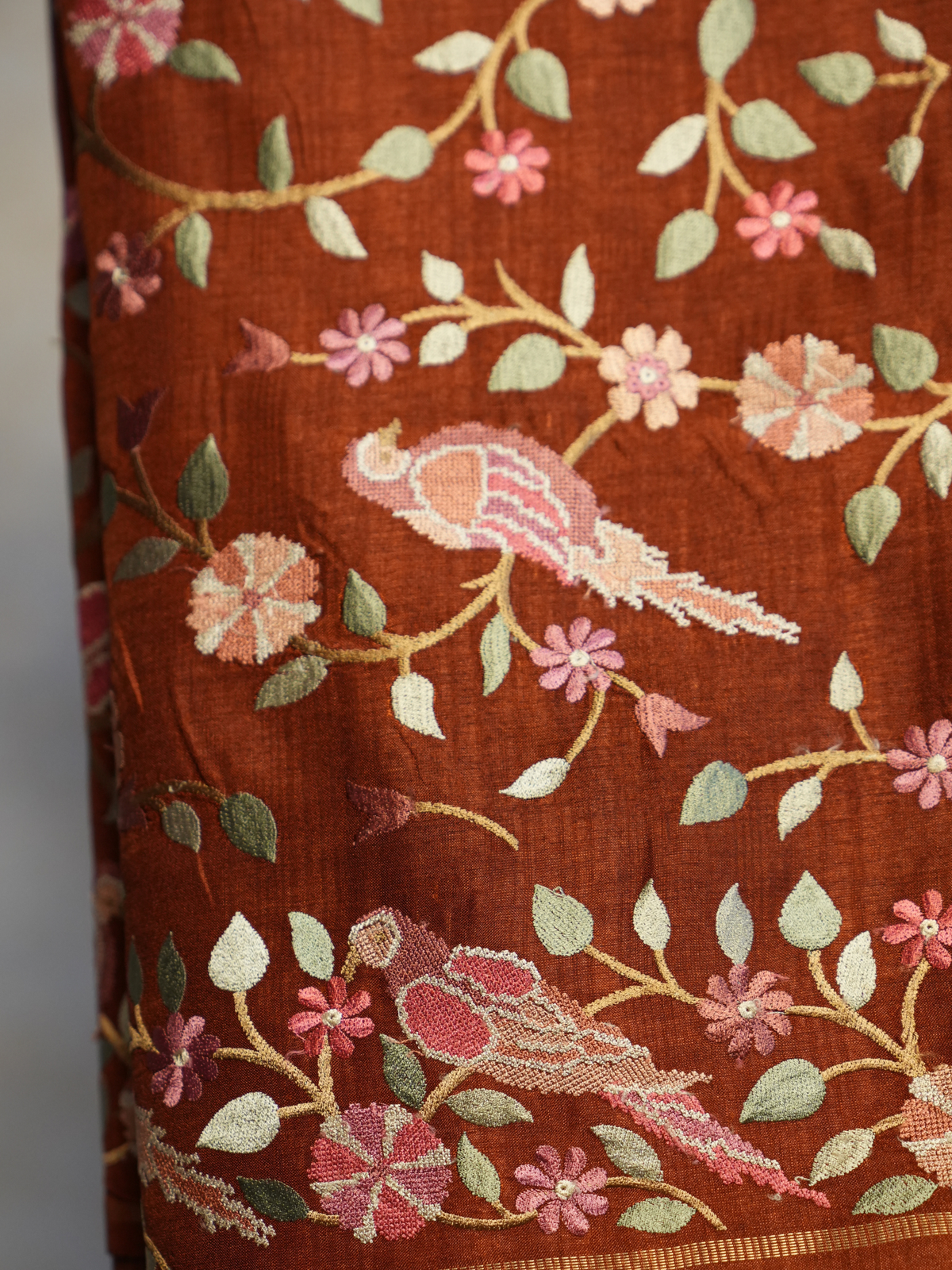 Cinnamon Bird & Floral Resham Tussar Silk Saree