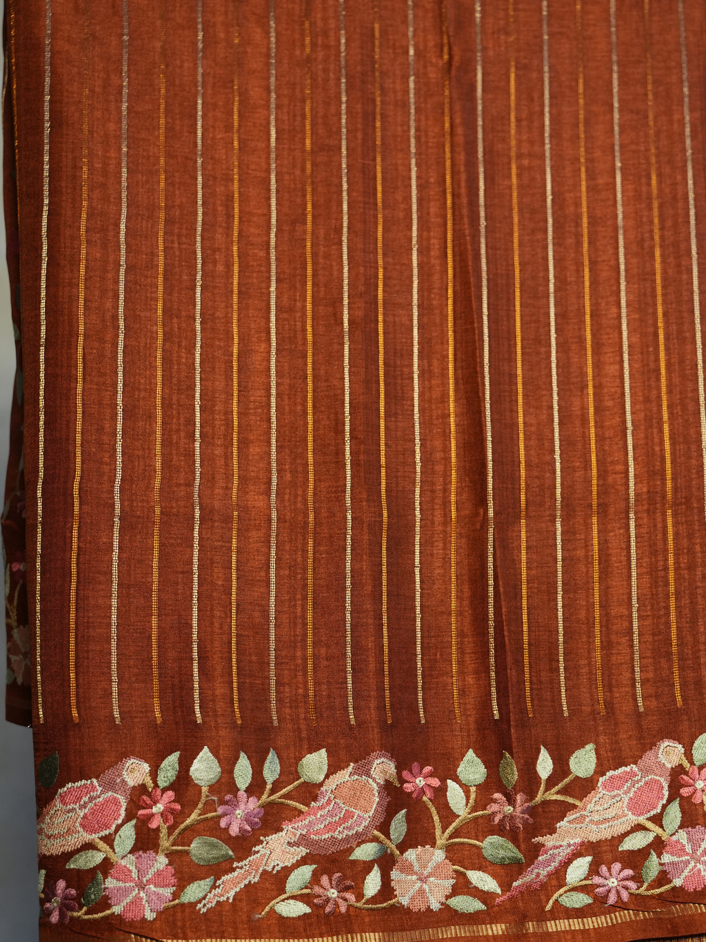 Cinnamon Bird & Floral Resham Tussar Silk Saree