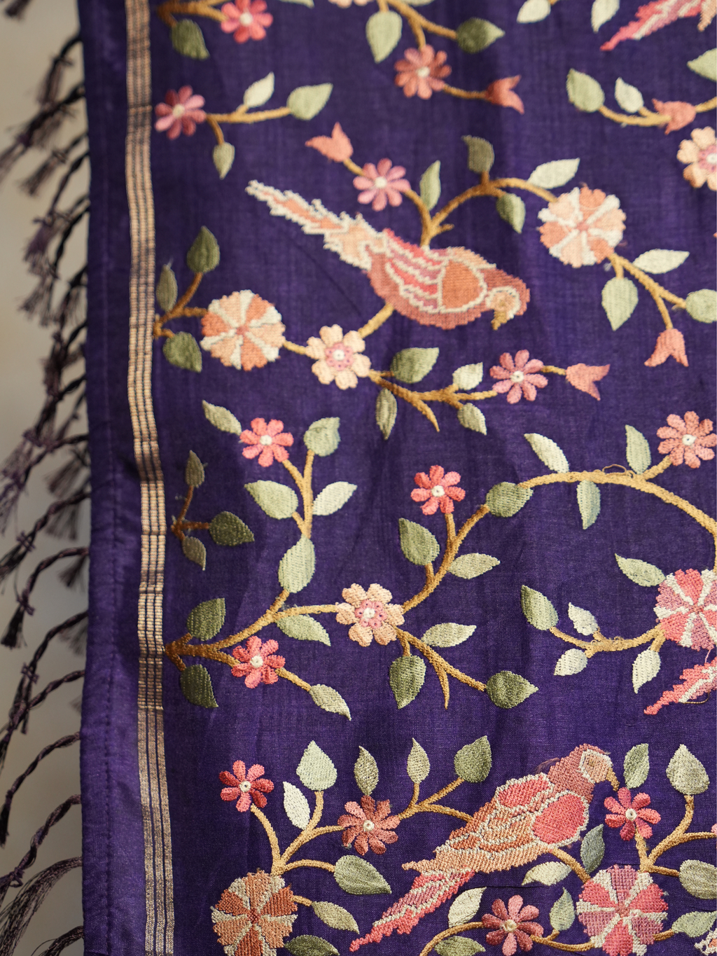 Royal Purple Embroidered Tussar Silk Saree