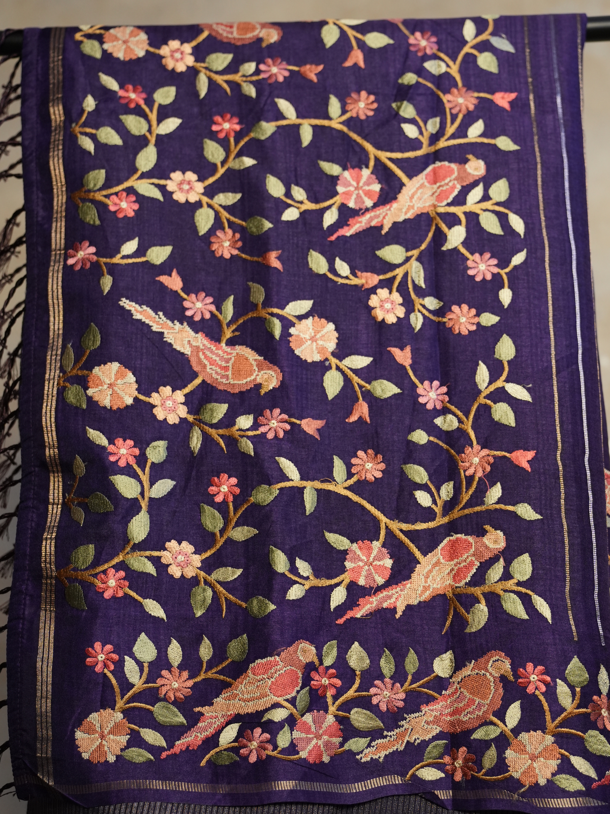 Royal Purple Embroidered Tussar Silk Saree