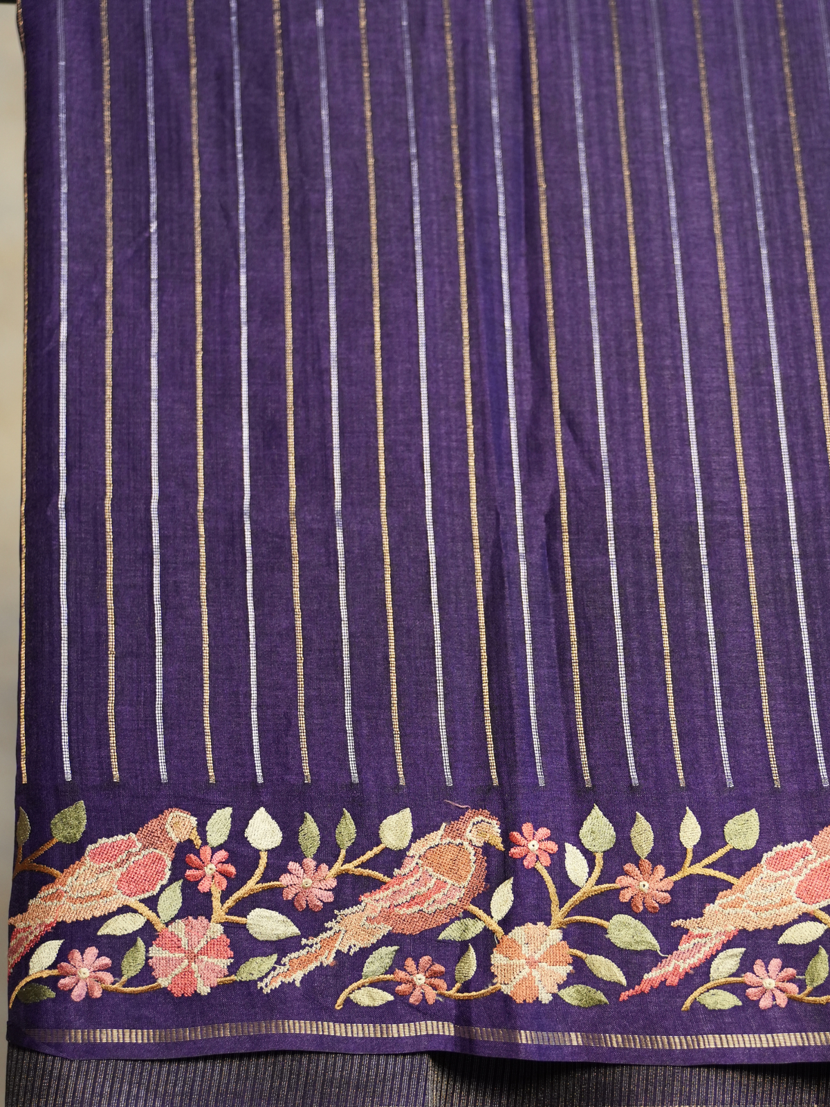 Royal Purple Embroidered Tussar Silk Saree