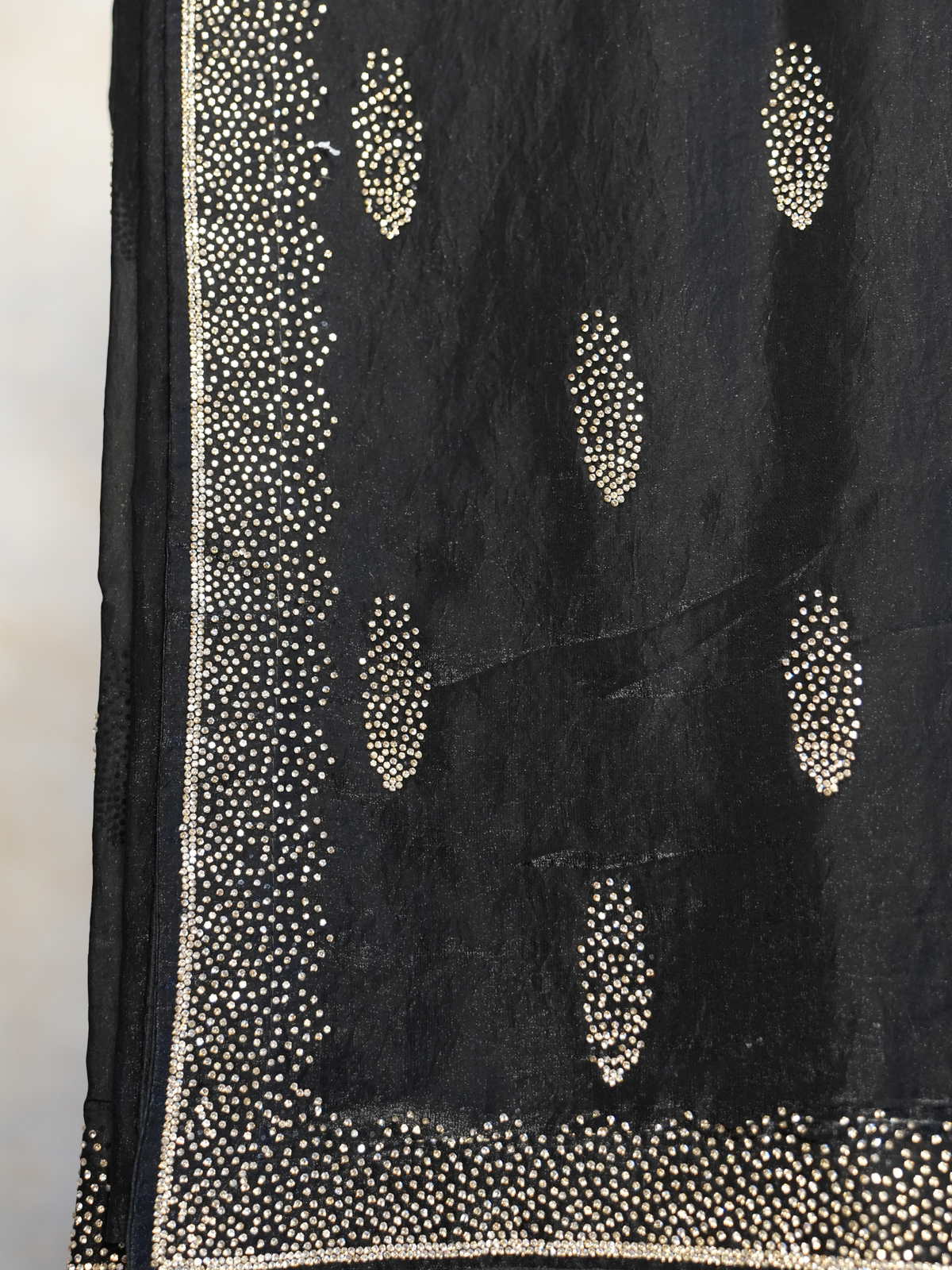 Midnight Black Crystal Stone-Work Space Silk Saree