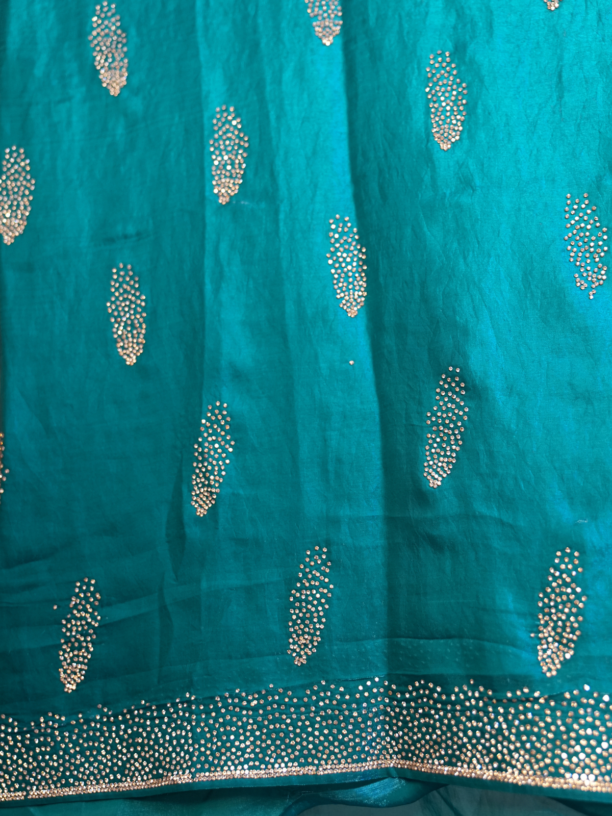 Teal Green Crystal Stone-Work Space Silk Saree