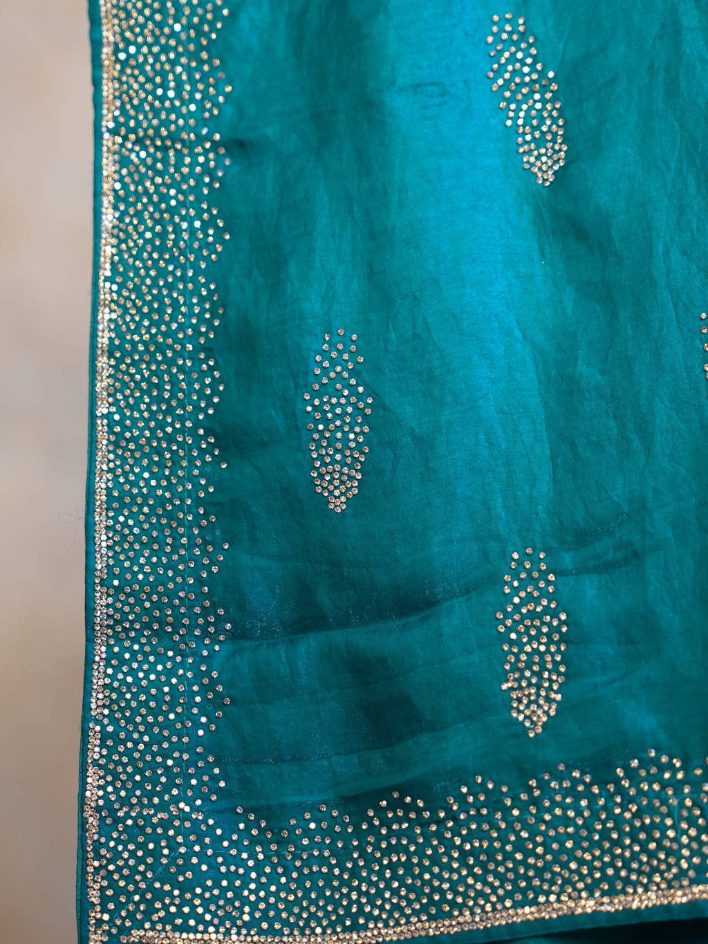 Teal Green Crystal Stone-Work Space Silk Saree