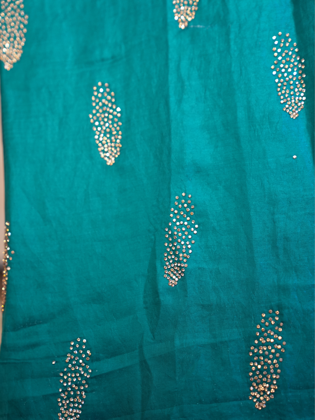 Teal Green Crystal Stone-Work Space Silk Saree