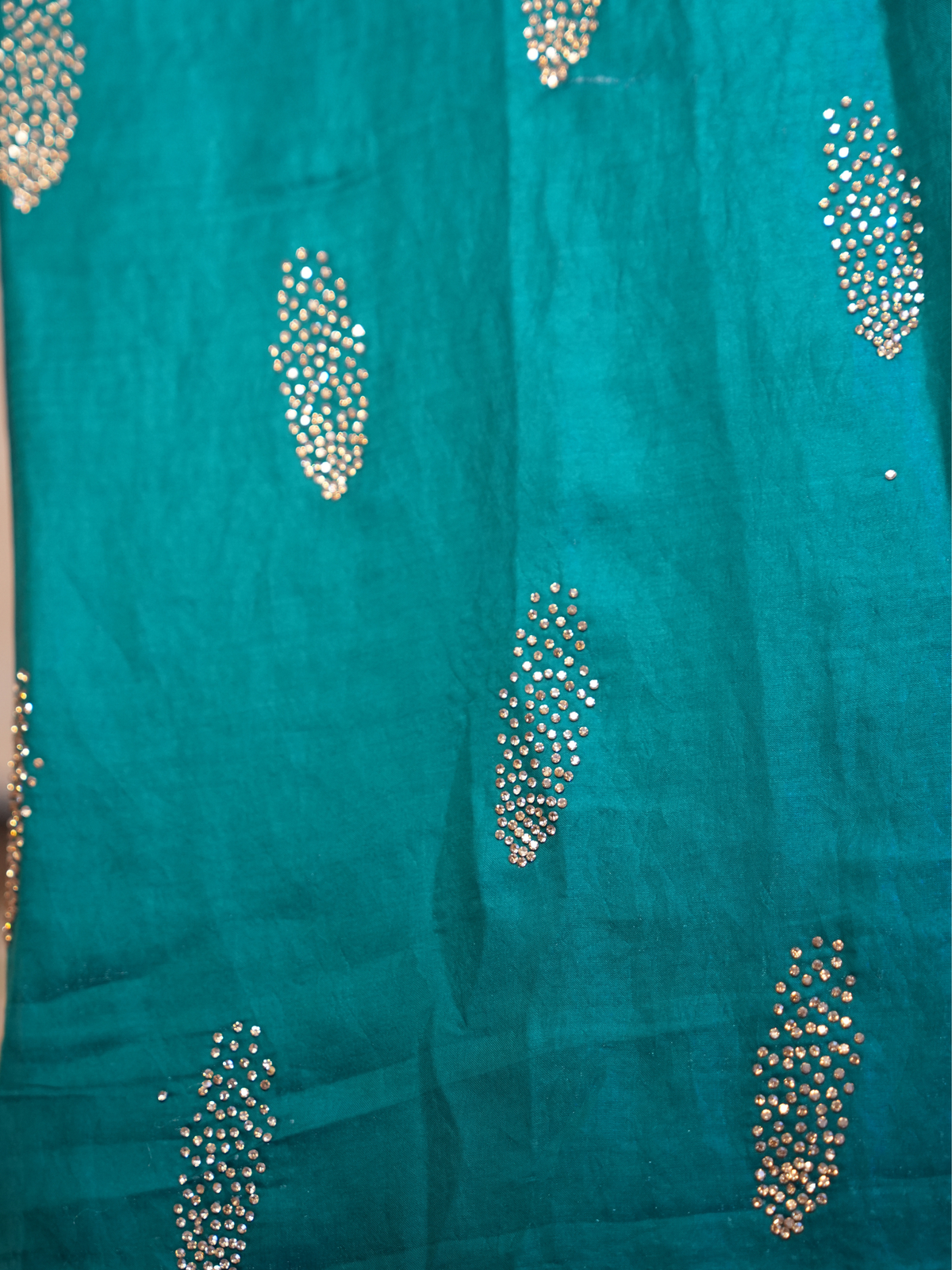 Teal Green Crystal Stone-Work Space Silk Saree