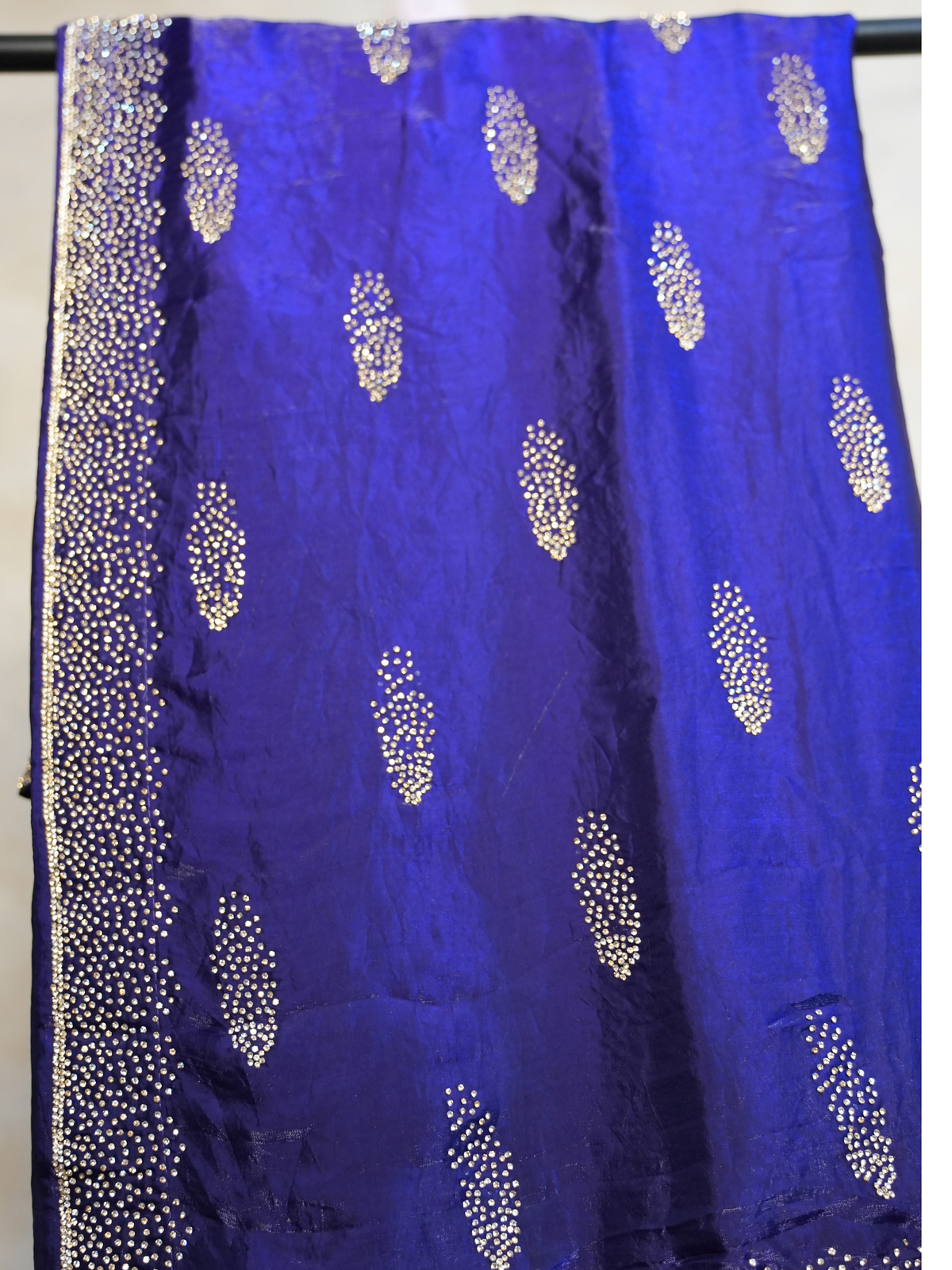 Royal Blue Crystal Stone-Work Space Silk Saree
