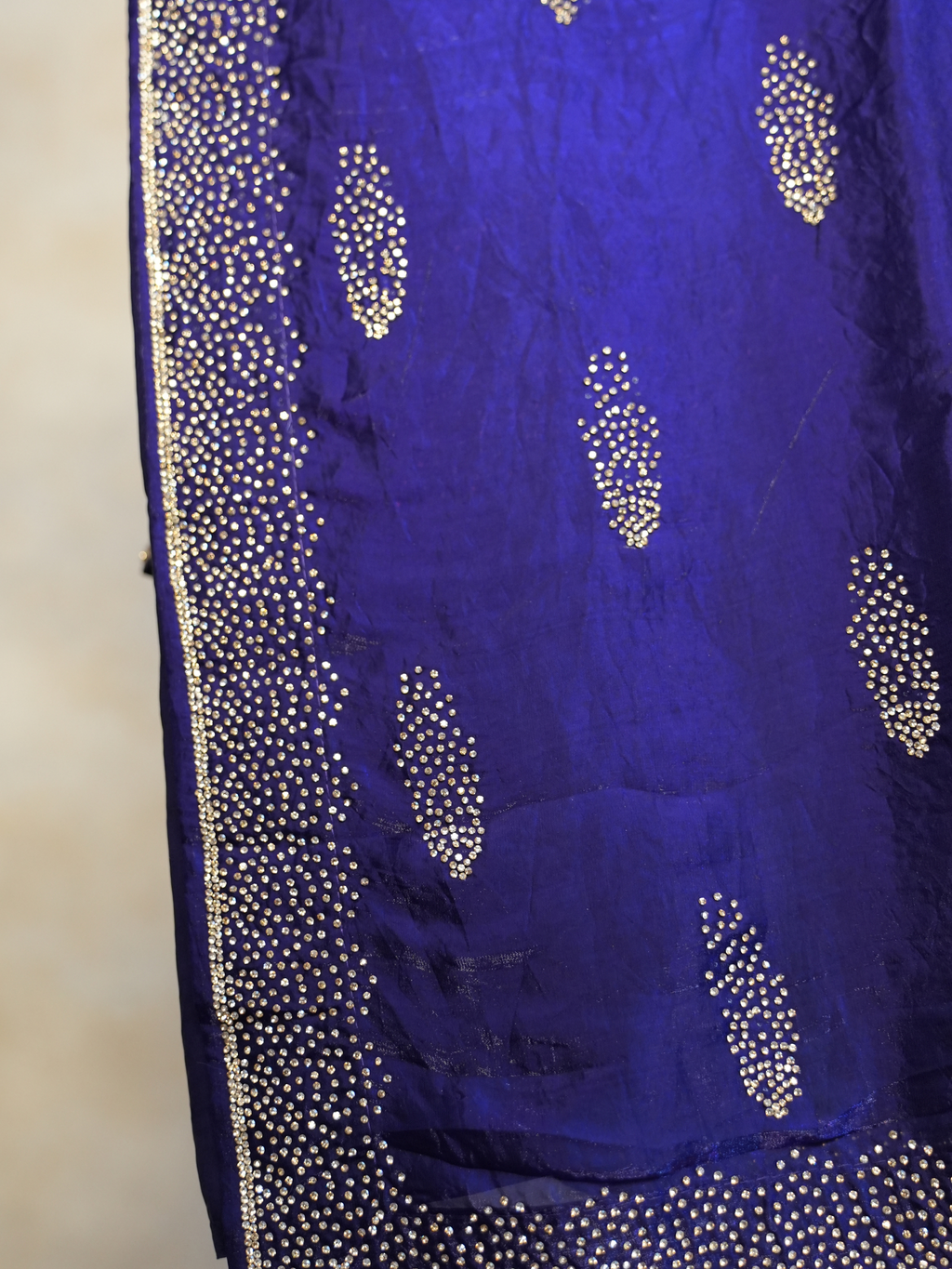 Royal Blue Crystal Stone-Work Space Silk Saree