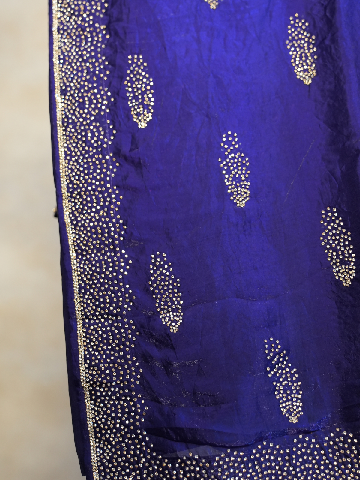 Royal Blue Crystal Stone-Work Space Silk Saree